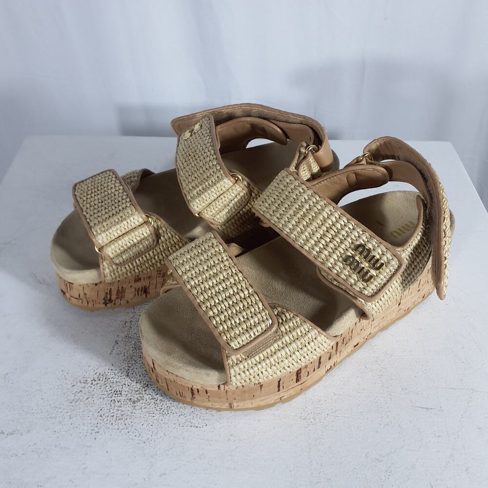 Miu Miu Beige Woven Cork Platform Sandals - Picture 2 of 8